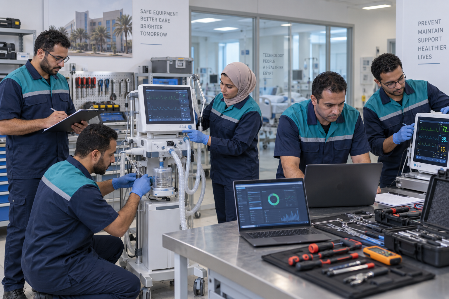 مهندسو جنتك أثناء صيانة الأجهزة الطبية